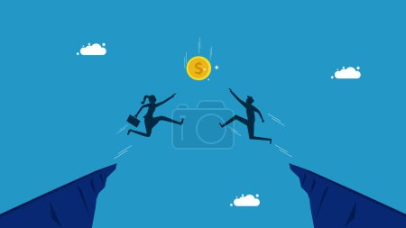 Business competition for benefits and profits. Two businessmen jumping for coin vector