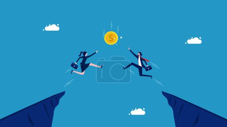 Business competition for benefits and profits. Two businessmen jumping for coin vector