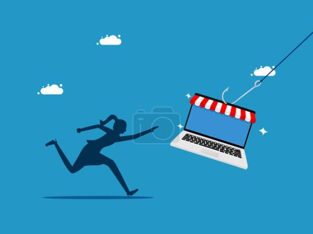 Ilustración de Estafa venta de productos en línea. mujer corre para agarrar un ordenador portátil para comprar en línea. ilustración vectorial - Imagen libre de derechos