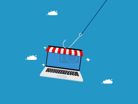 Ilustración de Estafa venta de productos en línea. Las computadoras portátiles para ir de compras en línea están en el gancho. ilustración vectorial - Imagen libre de derechos