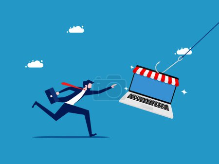 Ilustración de Estafa venta de productos en línea. El hombre de negocios corre para agarrar un portátil para comprar en línea. ilustración vectorial - Imagen libre de derechos