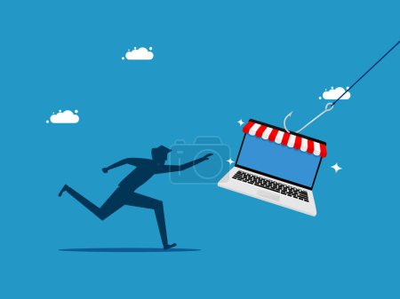 Ilustración de Hombre corre para agarrar un ordenador portátil para comprar en línea. ilustración vectorial - Imagen libre de derechos