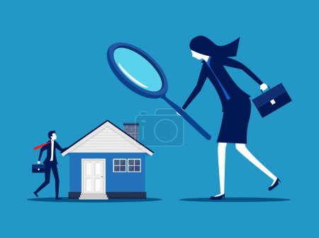 Téléchargez les illustrations : Inspectez la maison. Patron femme d'affaires utilise une loupe pour inspecter la maison. vecteur - en licence libre de droit