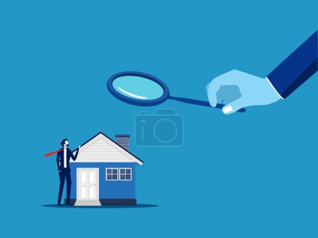 Téléchargez les illustrations : Inspectez le logement. Le patron de l'homme d'affaires utilise une loupe pour inspecter la maison. vecteur - en licence libre de droit