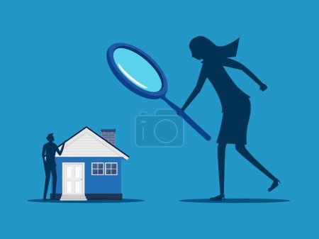 Téléchargez les illustrations : Inspectez le logement. Patron femme d'affaires utilise une loupe pour inspecter la maison. vecteur - en licence libre de droit