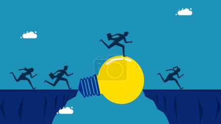 Téléchargez les illustrations : Surmonter les obstacles avec sagesse. équipe d'hommes d'affaires courant sur une falaise sur un pont d'ampoules. vecteur - en licence libre de droit