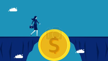 Téléchargez les illustrations : Surmonter les risques financiers. Femme d'affaires traversant le vecteur de pont à pièces - en licence libre de droit