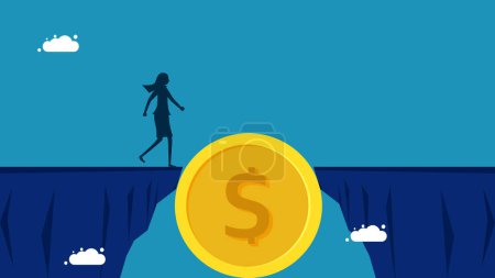 Téléchargez les illustrations : Surmonter les obstacles avec de l'argent. Femme d'affaires traversant le vecteur de pont à pièces - en licence libre de droit