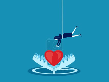Illustration for Love is a victim ,concept of the mind. Businesswoman caught his heart in a trap. Vector illustration - Royalty Free Image