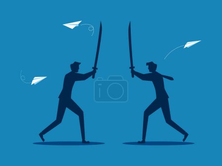 Business competition. Two businessmen fighting with swords vector