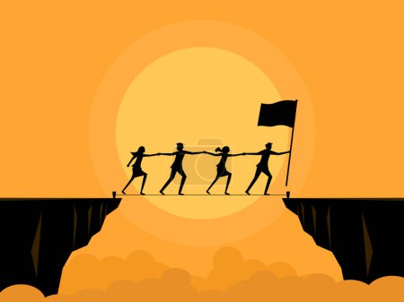 Overcoming obstacles. businessman carries a flag leading his team over a cliff vector