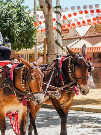 Adorned horses at Seville April Fair, showcasing vibrant decorations, embodying the event s lively and colorful atmosphere.