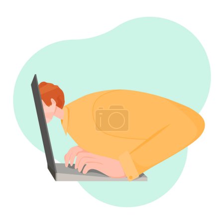 Man completely immersed in work, Man with Laptop working Flat Concept Vector Modern Cartoon Illustration