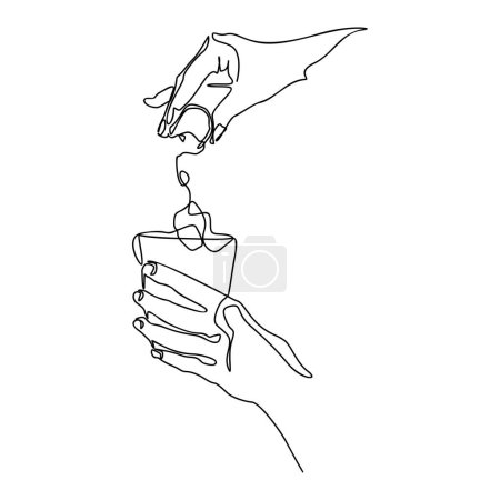 Hand drückt eine Zitrone ins Glas, Whiskey-Cocktail eine Zeilenzeichnung, fortlaufende moderne Illustration