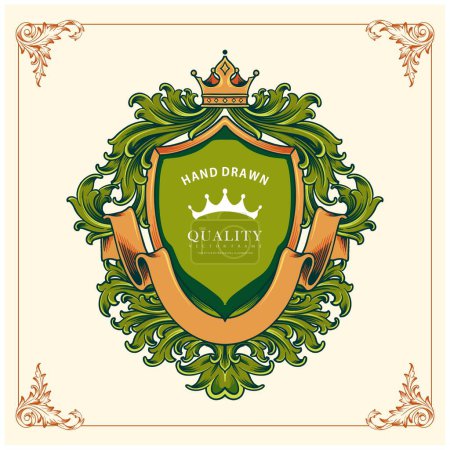 Illustration for Classic floral shield badge with vintage ribbon vector illustrations for your work logo, merchandise t-shirt, stickers and label designs, poster, greeting cards advertising business company or brands - Royalty Free Image