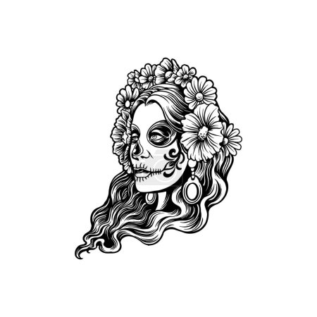 Illustration for Woman dia de los muertos outline vector illustrations for your work logo, merchandise t-shirt, stickers and label designs, poster, greeting cards advertising business company or brands - Royalty Free Image