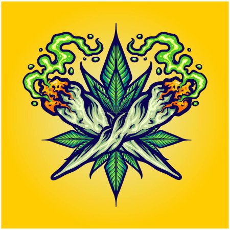 Téléchargez les illustrations : Smoking weed cigarette joint cannabis leaf illustration vector illustrations for your work logo, merchandise t-shirt, stickers and label designs, poster, greeting cards advertising business company or brands - en licence libre de droit