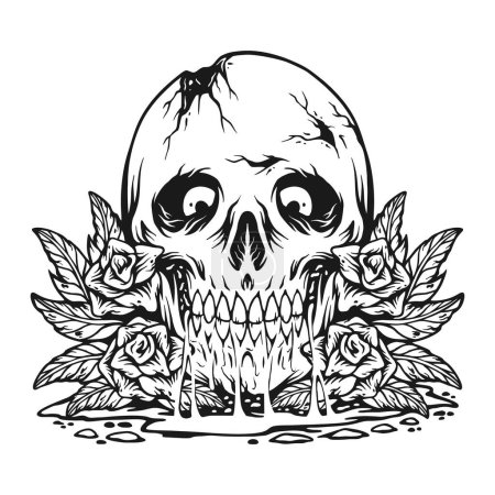 Ilustración de Scary floral rose skull head monochrome vector illustrations for your work logo, merchandise t-shirt, stickers and label designs, poster, greeting cards advertising business company or brands - Imagen libre de derechos