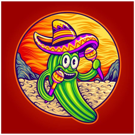 Illustration for Funny cactus cinco de mayo mexican cartoon illustration vector illustrations for your work logo, merchandise t-shirt, stickers and label designs, poster, greeting cards advertising business company or brands - Royalty Free Image