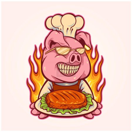 Téléchargez les illustrations : Scary hog chef meat bbq logo illustration vector illustrations for your work logo, merchandise t-shirt, stickers and label designs, poster, greeting cards advertising business company or brands - en licence libre de droit