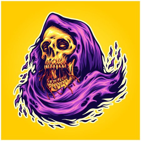 Téléchargez les illustrations : Grim reaper skull head cartoon logo illustrations vector illustrations for your work logo, merchandise t-shirt, stickers and label designs, poster, greeting cards advertising business company or brands - en licence libre de droit