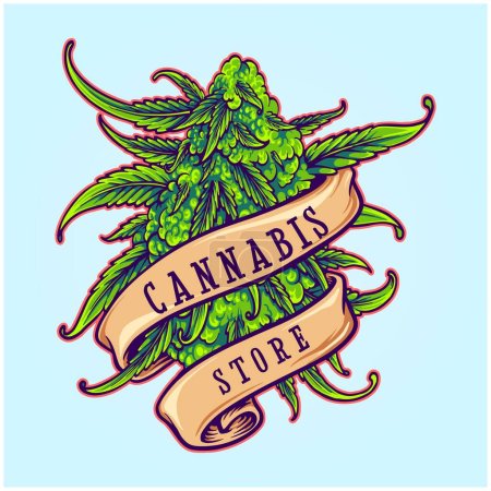 Illustration for Cannabis store weed leaf plant with classic ribbon scroll illustrations vector illustrations for your work logo, merchandise t-shirt, stickers and label designs, poster, greeting cards advertising business company or brands - Royalty Free Image