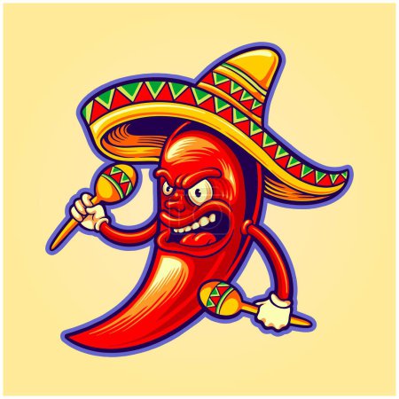 Illustration for Angry mexican cinco de mayo chilli pepper play maracas logo illustrations vector illustrations for your work logo, merchandise t-shirt, stickers and label designs, poster, greeting cards advertising business company or brands - Royalty Free Image