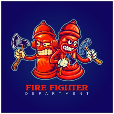 Ilustraciones de dibujos animados del logotipo del bombero del departamento de hidrante enojado vector para su logotipo de trabajo, camiseta de mercancías, pegatinas y diseños de etiquetas, póster, tarjetas de felicitación publicidad empresa o marcas