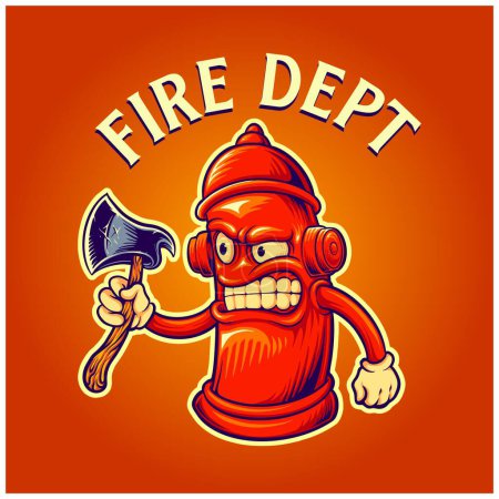 Illustration for Scary angry hydrant fire dept axe logo cartoon illustrations vector for your work logo, merchandise t-shirt, stickers and label designs, poster, greeting cards advertising business company or brands - Royalty Free Image