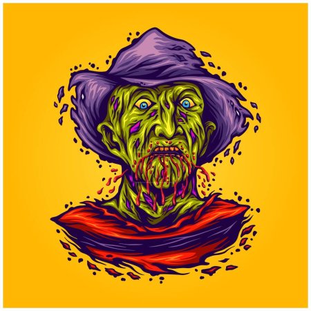 Scary monster zombie krueger face bloody melted logo cartoon illustrations vector for your work logo, merchandise t-shirt, stickers and label designs, poster, greeting cards advertising business company or brands
