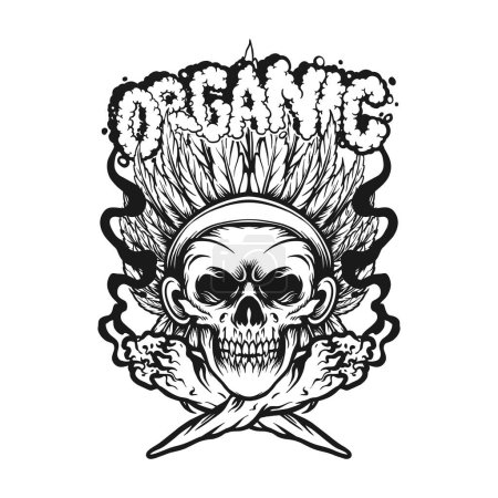 Illustration for Skull head indian with organic lettering word cannabis leaf illustrations monochrome vector for your work logo, merchandise t-shirt, stickers and label designs, poster, greeting cards advertising business company or brands - Royalty Free Image