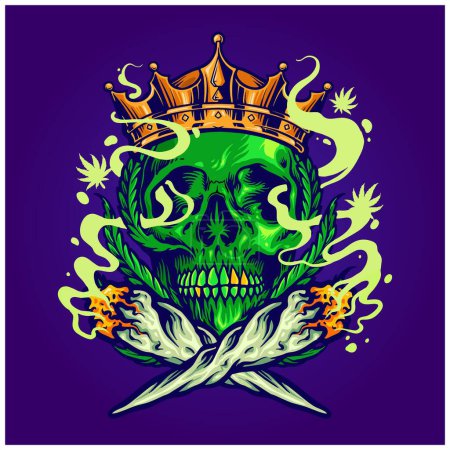 Menschlicher Schädel mit königlicher Krone, die Marihuana raucht, Illustrationsvektor für Ihr Arbeitslogo, Merchandise-T-Shirt, Aufkleber und Etikettendesigns, Poster, Grußkarten Werbung für Unternehmen oder Marken
