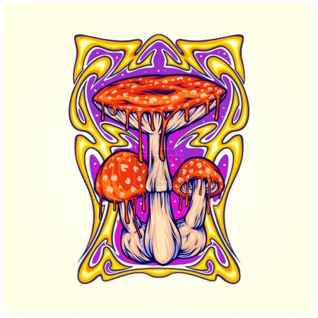 Amanita mushroom with trippy vintage frame logo illustrations vector for your work logo, merchandise t-shirt, stickers and label designs, poster, greeting cards advertising business company or brands