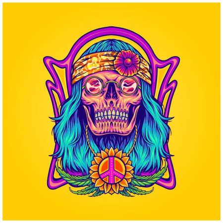 Illustration for Stoned skull hippie with peace sign pendant illustration vector for your work logo, merchandise t-shirt, stickers and label designs, poster, greeting cards advertising business company or brands - Royalty Free Image