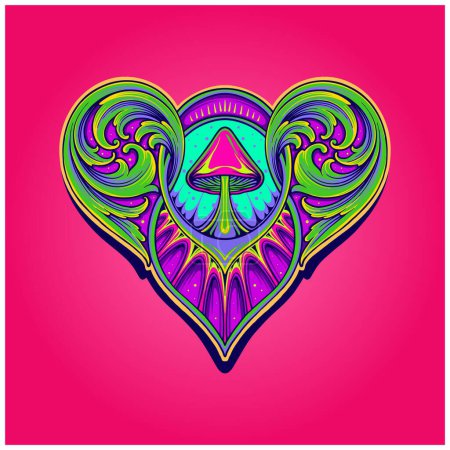 Illustration for Magic mushroom with psychedelic engraving ornament heart shape illustrations vector for your work logo, merchandise t-shirt, stickers and label designs, poster, greeting cards advertising business company or brands - Royalty Free Image