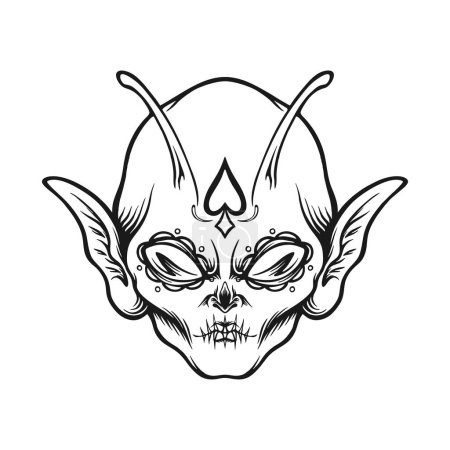 Illustration for Sugar alien head dia de los muertos logo illustrations monochrome vector illustrations for your work logo, merchandise t-shirt, stickers and label designs, poster, greeting cards advertising business company or brands - Royalty Free Image