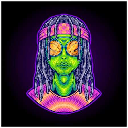 Illustration for Dreadlock alien hippie wearing circle tie dye illustration vector illustrations for your work logo, merchandise t-shirt, stickers and label designs, poster, greeting cards advertising business company or brands - Royalty Free Image
