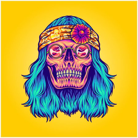 Ilustración de Hippie cráneo retro bohemio de pelo largo ilustraciones vectoriales ilustraciones para su trabajo logotipo, mercancía camiseta, pegatinas y diseños de etiquetas, póster, tarjetas de felicitación publicidad empresa de negocios o marcas - Imagen libre de derechos