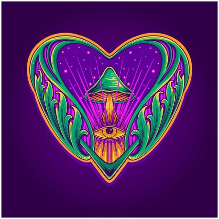 Illustration for Psilocybin mushrooms engraved petal ornament heart shaped illustrations vector illustrations for your work logo, merchandise t-shirt, stickers and label designs, poster, greeting cards advertising business company or brands - Royalty Free Image