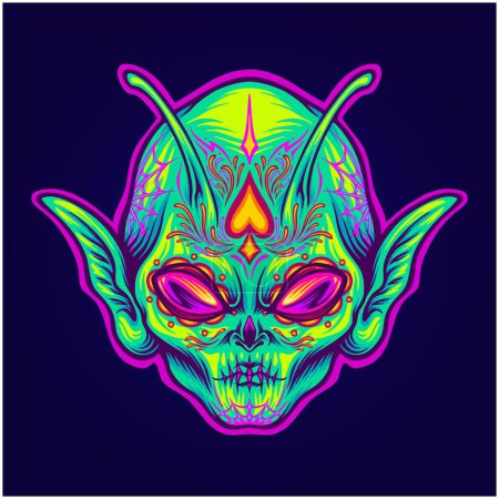 Illustration for Spooky alien santa muerte dia de las muertos head illustrations vector for your work logo, merchandise t-shirt, stickers and label designs, poster, greeting cards advertising business company or brands - Royalty Free Image