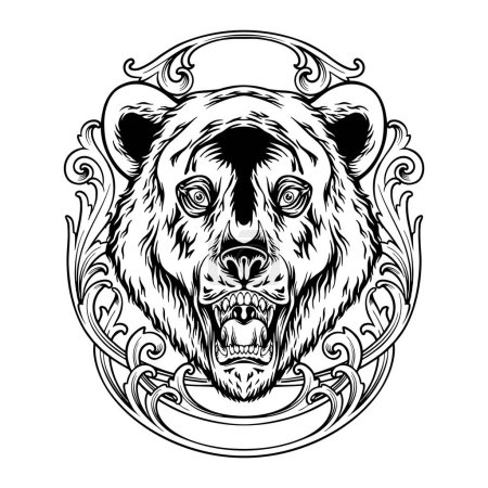 Illustration for Engraved wilderness vintage frame with grizzly bear outline vector illustrations for your work logo, merchandise t-shirt, stickers and label designs, poster, greeting cards advertising business company or brands - Royalty Free Image