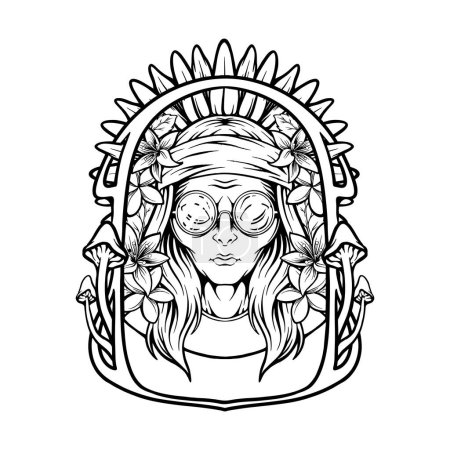 Illustration for Hippie alien psychedelic mushrooms frame floral ornament illustrations monochrome vector illustrations for your work logo, merchandise t-shirt, stickers and label designs, poster, greeting cards advertising business company or brands - Royalty Free Image