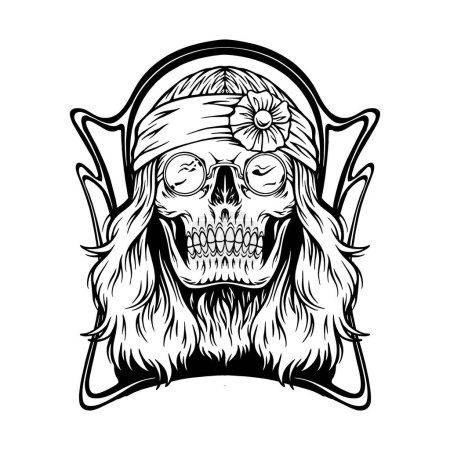 Illustration for Hippie cool skull head flower headband logo illustrations monochrome vector illustrations for your work logo, merchandise t-shirt, stickers and label designs, poster, greeting cards advertising business company or brands - Royalty Free Image