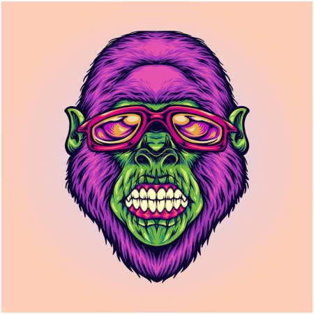 Ilustración de Macho gorilla enojado cabeza deportiva gafas de sol ilustraciones vectoriales ilustraciones para su trabajo logotipo, mercancía camiseta, pegatinas y diseños de etiquetas, póster, tarjetas de felicitación publicidad empresa de negocios o marcas - Imagen libre de derechos