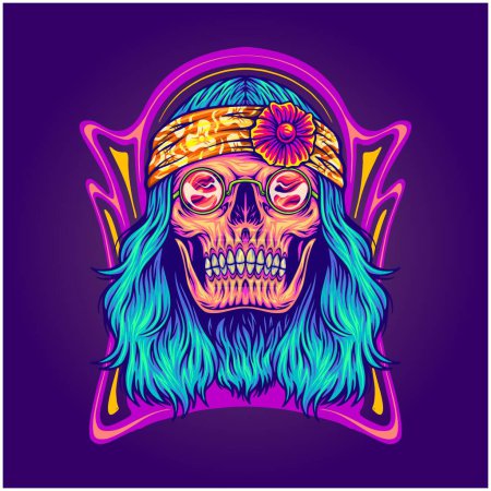 Illustration for Human skull nostalgic nouveau hippie lifestyle illustration vector illustrations for your work logo, merchandise t-shirt, stickers and label designs, poster, greeting cards advertising business company or brands - Royalty Free Image