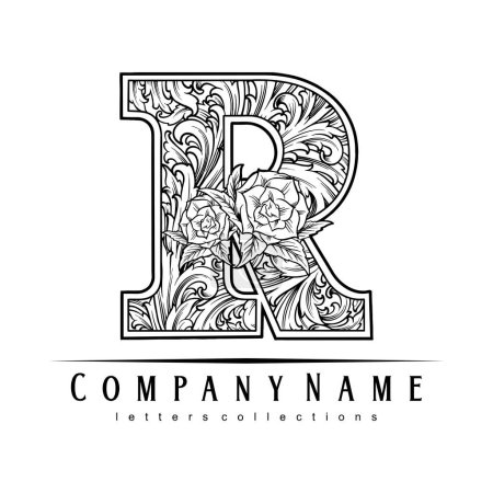 Illustration for Vintage botanical r engraved flower monogram silhouette vector illustrations for your work logo, merchandise t-shirt, stickers and label designs, poster, greeting cards advertising business company or brands - Royalty Free Image