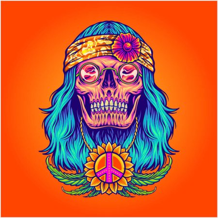 Illustration for Flower child skull with pot leaf peace symbol vector illustrations for your work logo, merchandise t-shirt, stickers and label designs, poster, greeting cards advertising business company or brands - Royalty Free Image