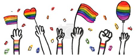 Téléchargez les illustrations : LGBT Pride mois aquarelle texture concept. Main lever drapeau arc-en-ciel isoler sur fond blanc. vecteur - en licence libre de droit