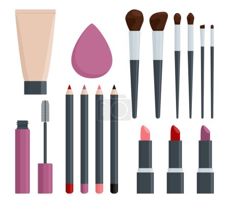 Foto de Vector conjunto de elementos de maquillaje: lápices labiales, rímel, fundación, licuadora de belleza, lápices labiales y oculares - Imagen libre de derechos