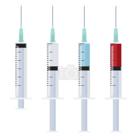 Illustration for Medical syringe. A set of disposable plastic syringes for injections. Vector flat illustration - Royalty Free Image